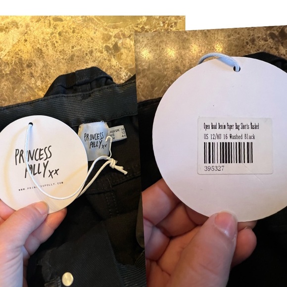 NEW Princess Polly Open Road Denim PaperBag Shorts Wash Black 12 Large Highwaist - Picture 9 of 11